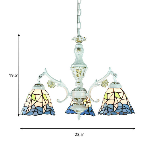 Blue Stained Glass Pendant Chandelier: Traditional Indoor Lighting With Floral & Geometric Patterns