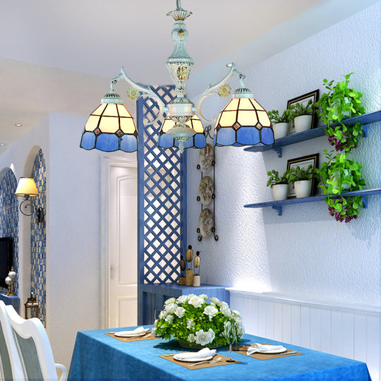 Blue Stained Glass Pendant Chandelier: Traditional Indoor Lighting With Floral & Geometric Patterns