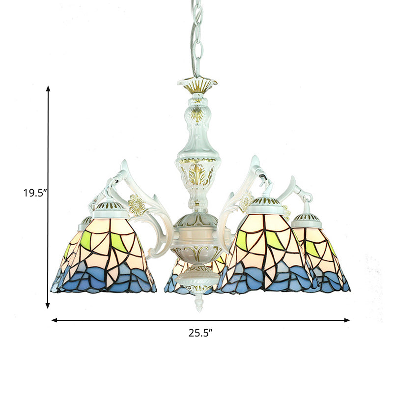 Tiffany Style Chandelier Light With Stained Glass Indoor Lighting For Foyer - Blue 5 Lights