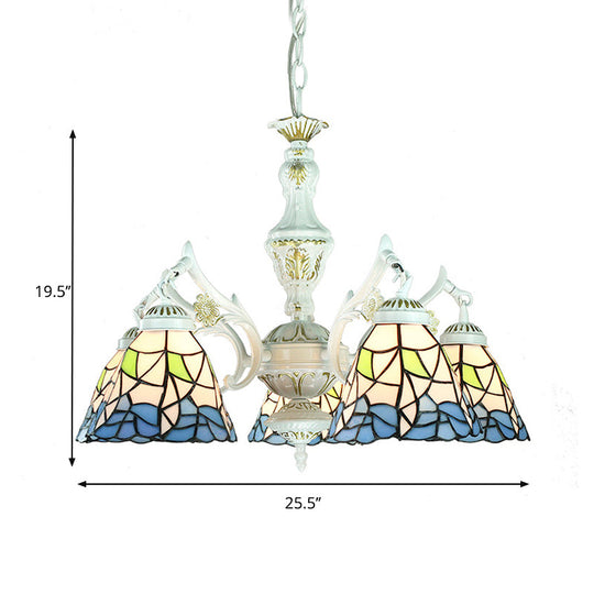 Tiffany Style Chandelier Light With Stained Glass Indoor Lighting For Foyer - Blue 5 Lights