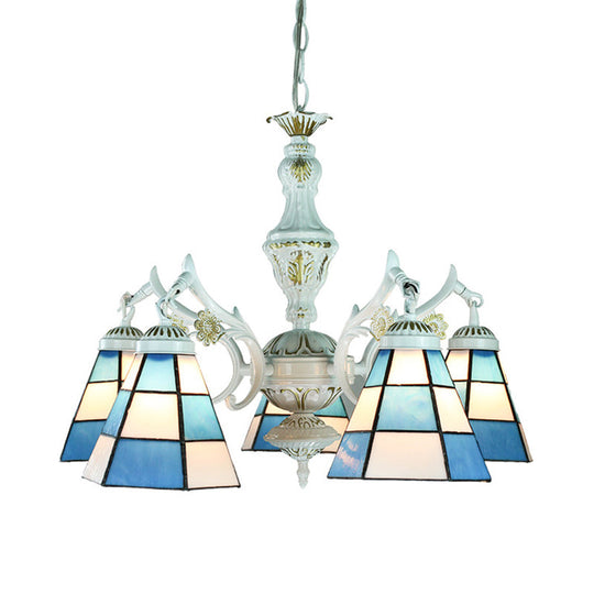 Blue Stained Glass 5-Light Chandelier with Adjustable Chain for Foyer