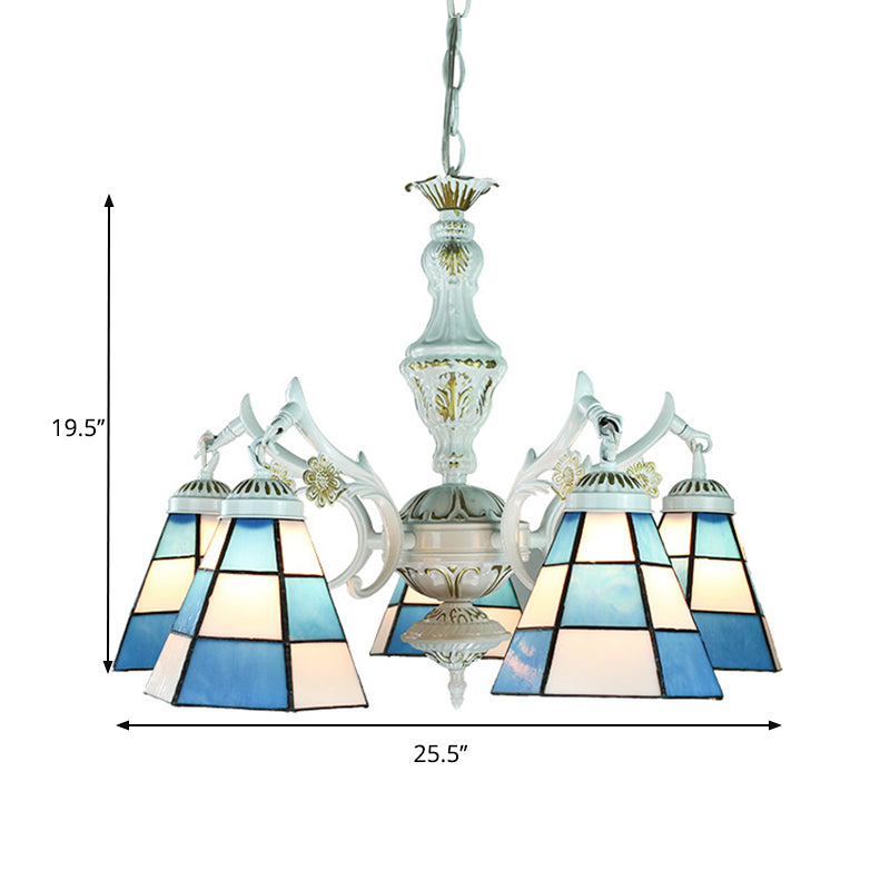 Blue Stained Glass 5-Light Chandelier with Adjustable Chain for Foyer