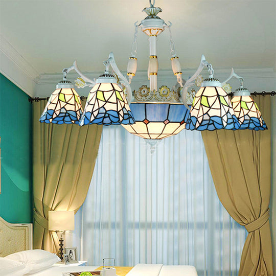 9-Light Mediterranean Cone Chandelier in Blue with Stained Glass Suspension Pendant