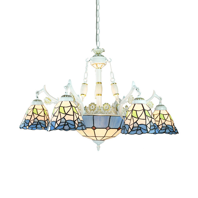 9-Light Mediterranean Cone Chandelier in Blue with Stained Glass Suspension Pendant