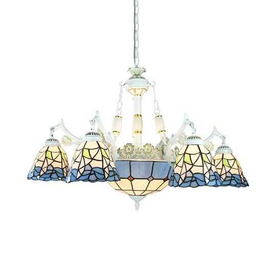 Mediterranean Cone 9-Light Chandelier In Blue Stained Glass With Floral Patterns