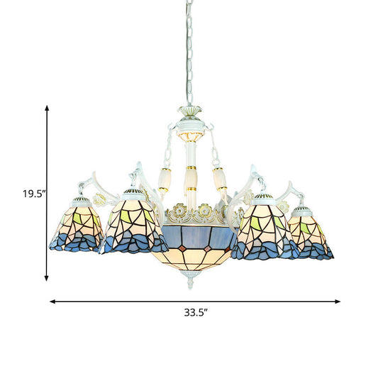 9-Light Mediterranean Cone Chandelier in Blue with Stained Glass Suspension Pendant