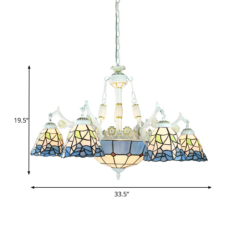 Mediterranean Cone 9-Light Chandelier In Blue Stained Glass With Floral Patterns