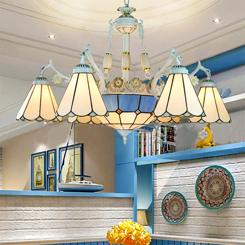 9-Light Mediterranean Cone Chandelier in Blue with Stained Glass Suspension Pendant