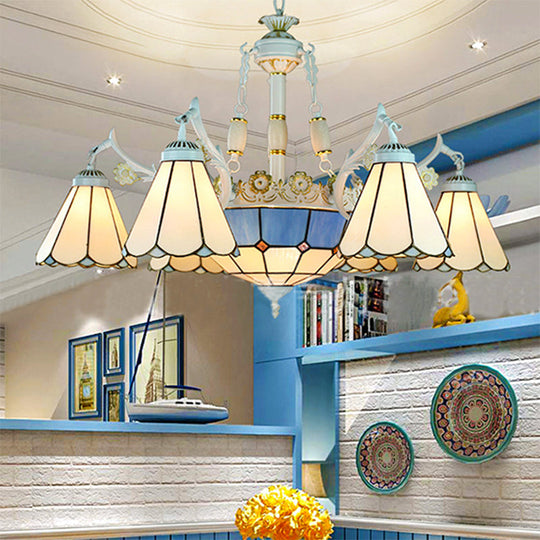 9-Light Mediterranean Cone Chandelier in Blue with Stained Glass Suspension Pendant