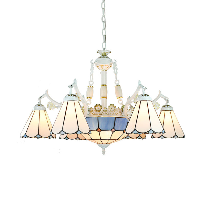 9-Light Mediterranean Cone Chandelier in Blue with Stained Glass Suspension Pendant