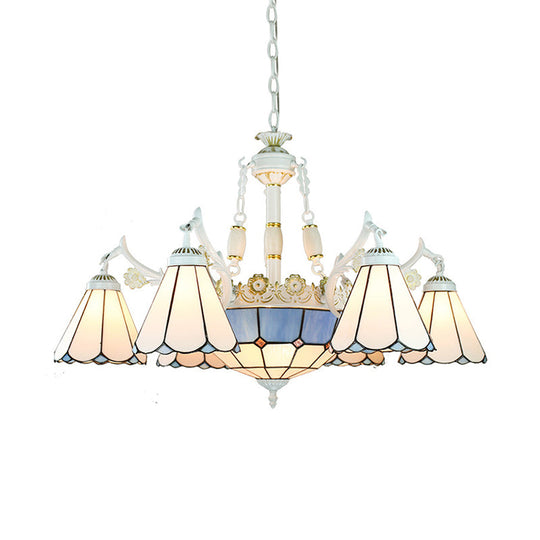 Mediterranean Cone 9-Light Chandelier In Blue Stained Glass With Floral Patterns