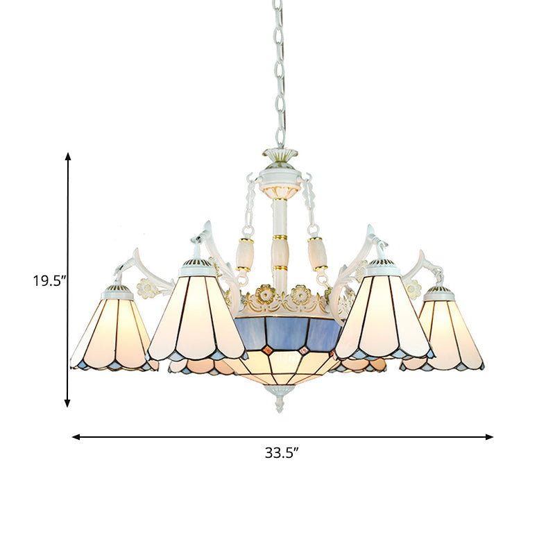 9-Light Mediterranean Cone Chandelier in Blue with Stained Glass Suspension Pendant