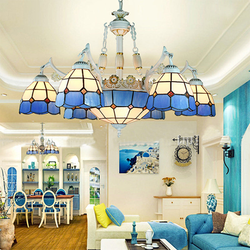 9-Light Mediterranean Cone Chandelier in Blue with Stained Glass Suspension Pendant