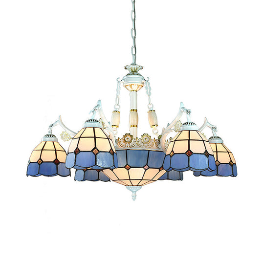 9-Light Mediterranean Cone Chandelier in Blue with Stained Glass Suspension Pendant