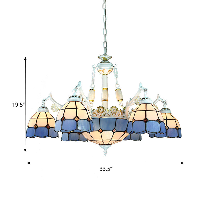 9-Light Mediterranean Cone Chandelier in Blue with Stained Glass Suspension Pendant