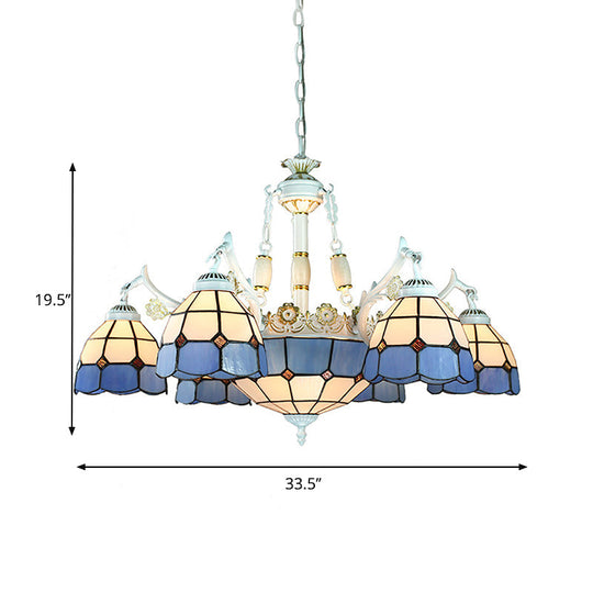 9-Light Mediterranean Cone Chandelier in Blue with Stained Glass Suspension Pendant