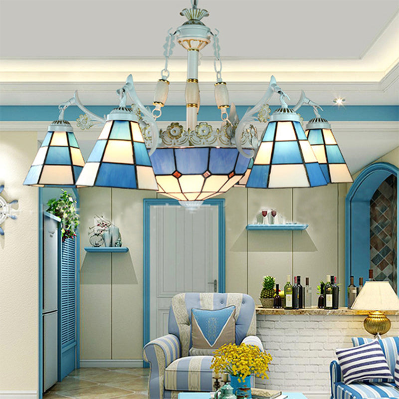 9-Light Mediterranean Cone Chandelier in Blue with Stained Glass Suspension Pendant