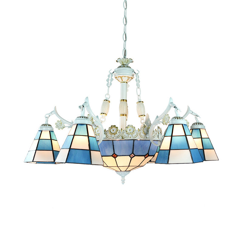 9-Light Mediterranean Cone Chandelier in Blue with Stained Glass Suspension Pendant