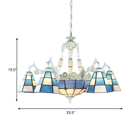 9-Light Mediterranean Cone Chandelier in Blue with Stained Glass Suspension Pendant