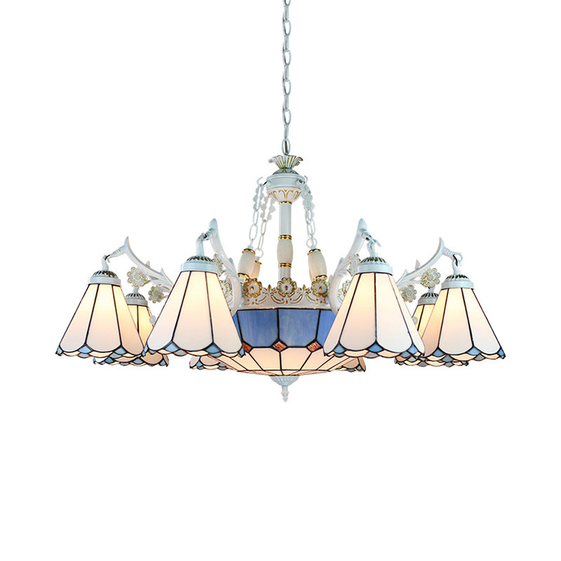 Tiffany Stained Glass Hanging Chandelier - 11 Light Pendant Ceiling Light with Flower/Square/Diamond/Gem Pattern - White