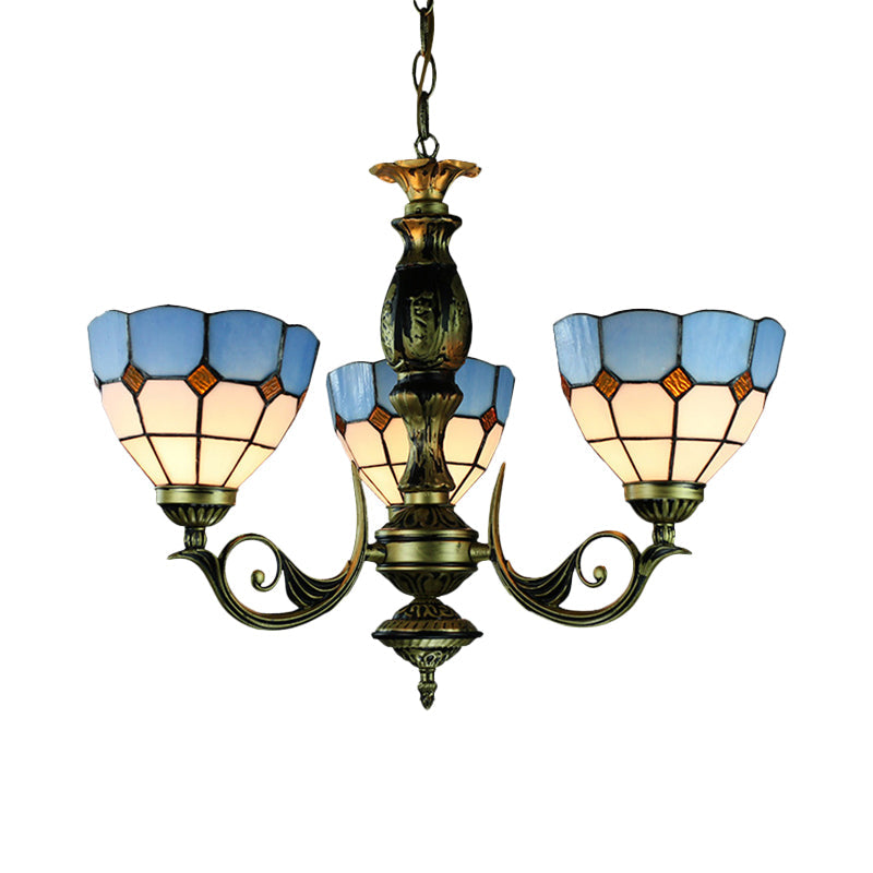 Tiffany Vintage 3-Light Pendant with Brass Finish, Blue Glass Shade, and Metal Chain