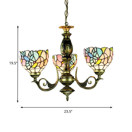 Rustic Stained Glass Pendant Lamp: Multicolor Chandelier With 3 Bowl-Shaped Lights