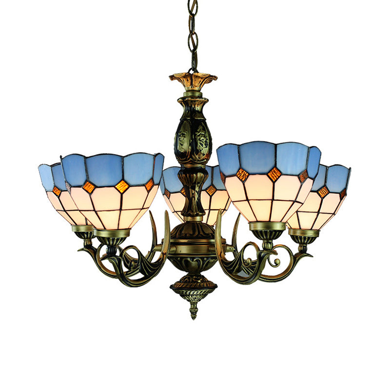 Tiffany Stained Glass Bowl Chandelier - 5-Light Ceiling Pendant For Dining Room Lighting