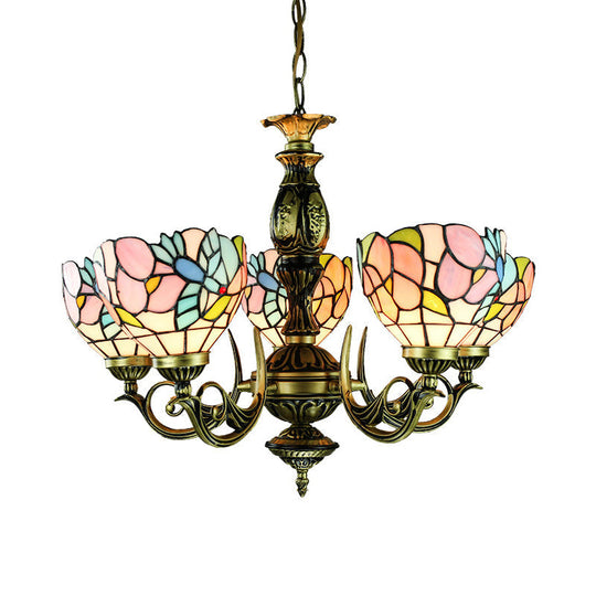 Stained Glass Chandelier with Lodge Bowl, Bird, and Flower Design - Antique Bronze Finish - 5 Lights