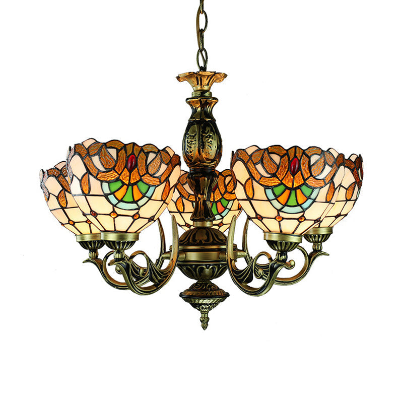 Victorian Stained Glass Pendant Chandelier - Height Adjustable & 5-Light Bowl Ceiling Fixture