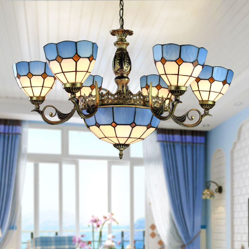 Nautical Stained Glass Dome Chandelier with Blue Pendant Lights for Living Room Ceiling