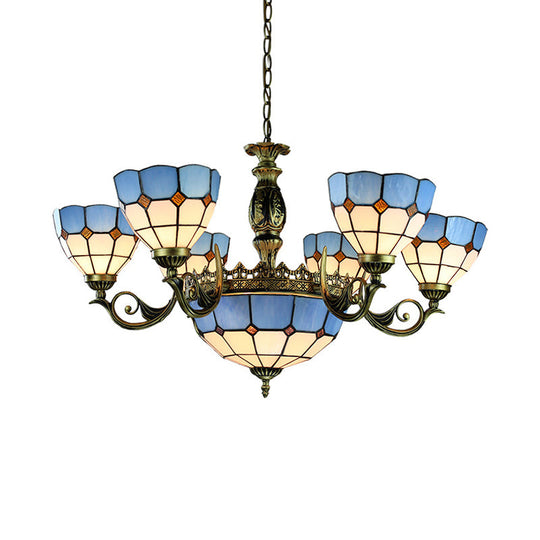 Nautical Stained Glass Dome Pendant Chandelier - Blue 9 Lights Ceiling Light For Living Room