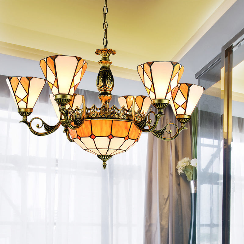 Tiffany-Style Yellow Stained Glass Pendant Lamp - 9 Lights For Bedroom Ceiling