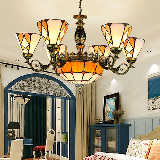 Tiffany-Style Yellow Stained Glass Pendant Lamp - 9 Lights For Bedroom Ceiling