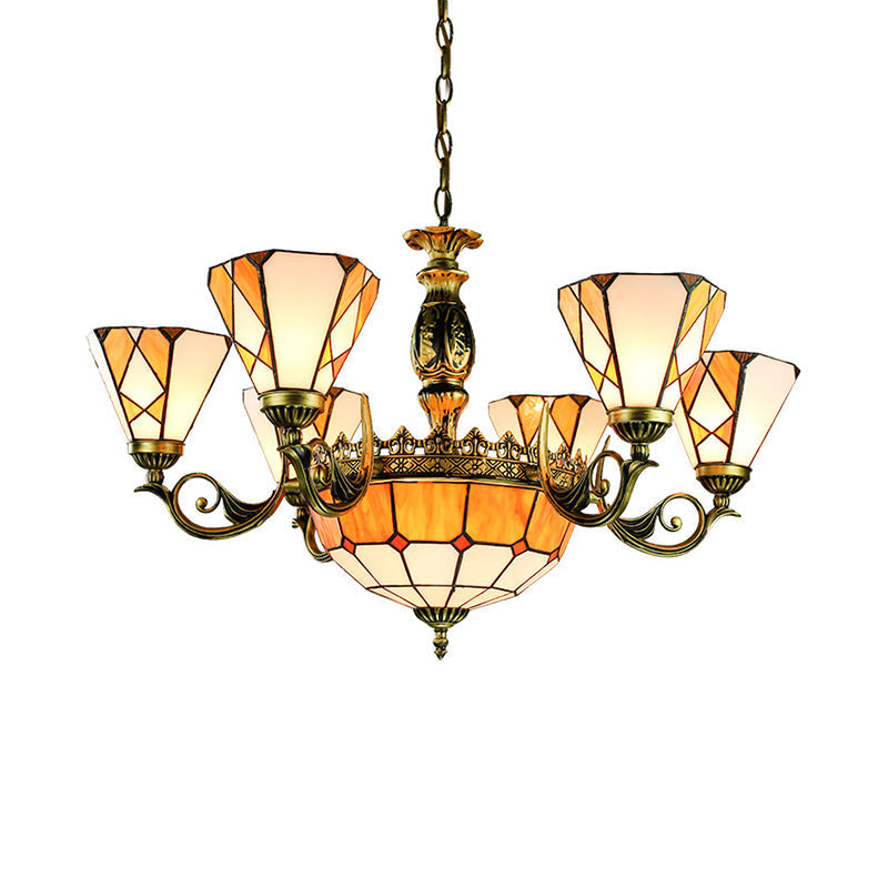 Yellow Tiffany-Style Stained Glass Pendant Chandelier for Bedroom - 9-Light Ceiling Lamp