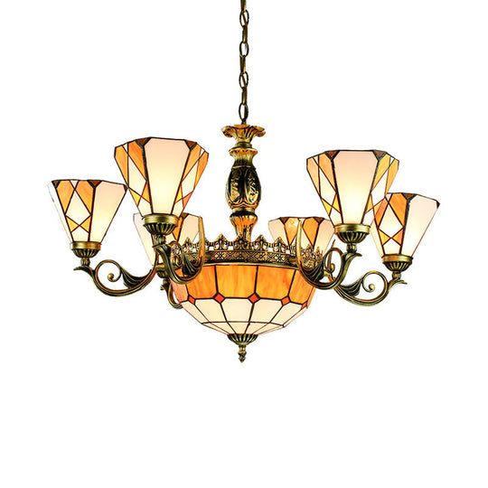 Yellow Tiffany-Style Stained Glass Pendant Chandelier for Bedroom - 9-Light Ceiling Lamp