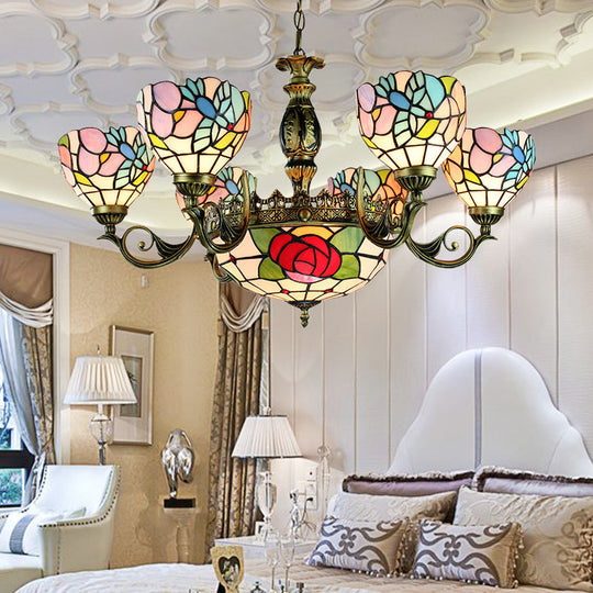 Tiffany Style Stained Glass Pendant Lamp With Rose Design - 9-Light Chandelier For Bedroom