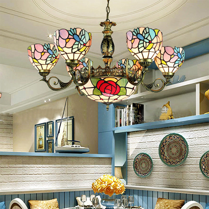 Tiffany Style Stained Glass Pendant Lamp With Rose Design - 9-Light Chandelier For Bedroom