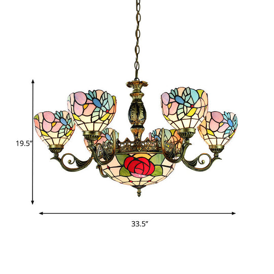 9-Light Tiffany Style Stained Glass Rose Chandelier Pendant Lamp - Red and Blue Bedroom Lighting