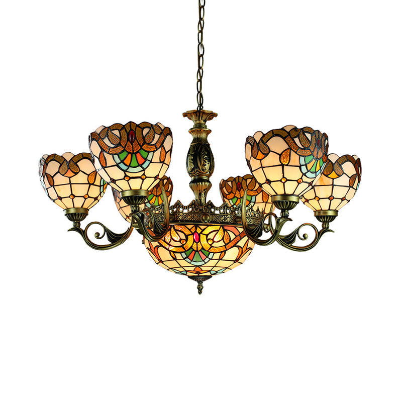 Victorian Domed Pendant Lamp: 11-Light Stained Glass Chandelier in Beige for Living Room