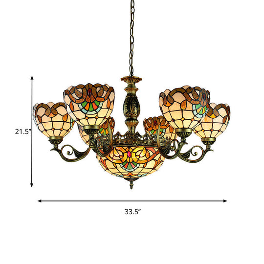 Victorian Style Stained Glass Pendant Lamp 11 Light Beige Chandelier For Living Room