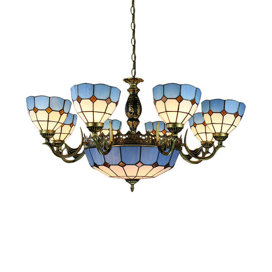 Mediterranean Cut Glass Bowl Chandelier - Blue 11-Light Hanging Ceiling Fixture