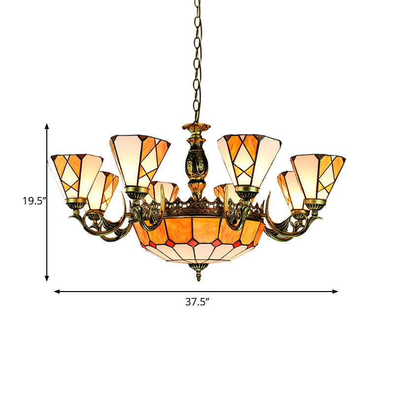 Stained Glass Vintage Chandelier With 11 Yellow Pendant Lights