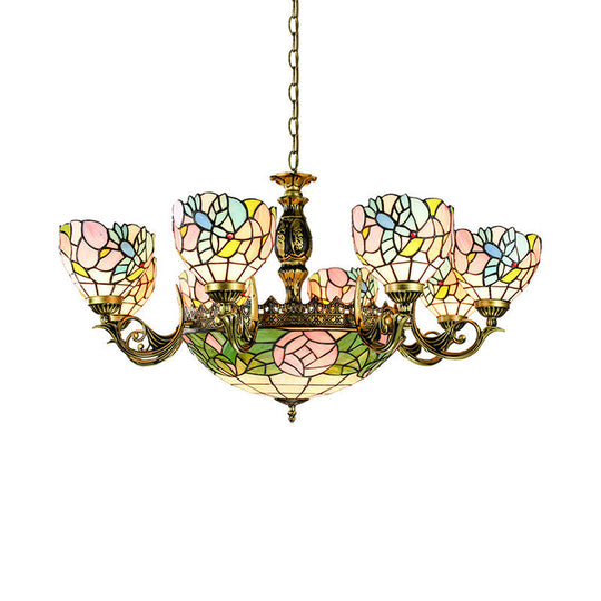 Stained Glass Pendant Lamp With Flower And Bowl Design For Lodge Loft Décor