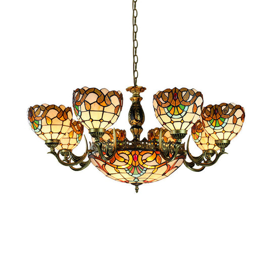 Height-Adjustable Stained Glass Multi-Light Chandelier with Metal Chain