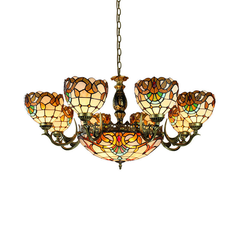 Height-Adjustable Stained Glass Pendant Chandelier With Metal Chain