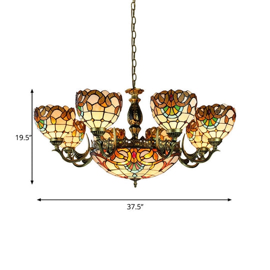 Height-Adjustable Stained Glass Multi-Light Chandelier with Metal Chain