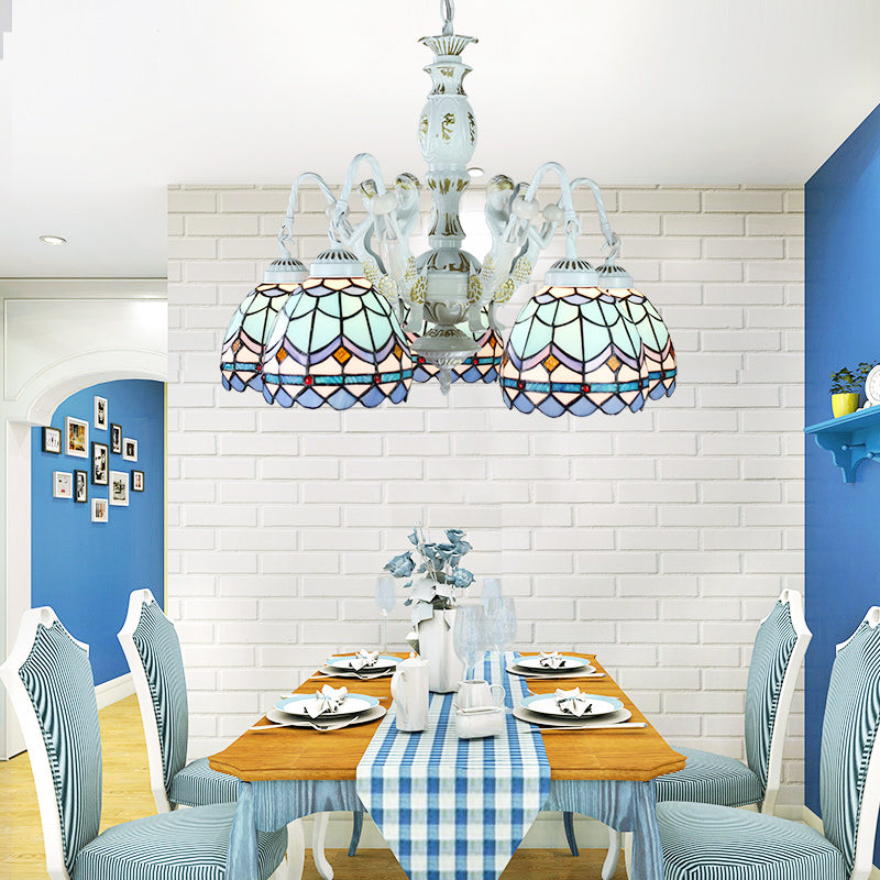 Blue Tiffany Pendant Chandelier with Mediterranean Stained Glass, Wire Mesh, Flowers and Gems - 5 Lights