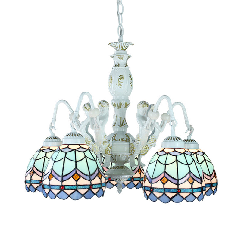 Blue Tiffany Pendant Chandelier with Mediterranean Stained Glass, Wire Mesh, Flowers and Gems - 5 Lights