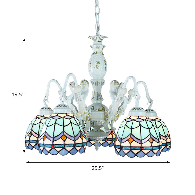 Blue Tiffany Pendant Chandelier with Mediterranean Stained Glass, Wire Mesh, Flowers and Gems - 5 Lights