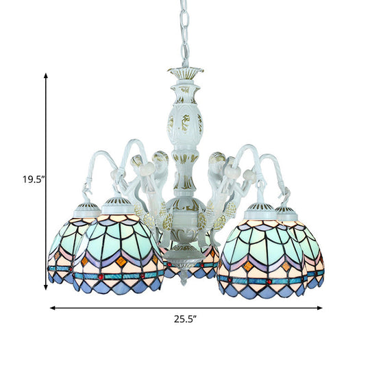 Blue Tiffany Pendant Chandelier with Mediterranean Stained Glass, Wire Mesh, Flowers and Gems - 5 Lights